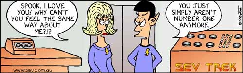 Sev Trek - cartoon spoofs
of Star Trek. Copyright 1997 by John Cook.