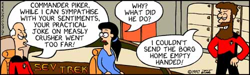 Sev Trek - cartoon spoofs
      of Star Trek. Copyright 1997 by John Cook.