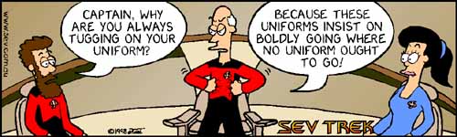 Sev Trek - cartoon spoofs
      of Star Trek. Copyright 1997 by John Cook.